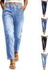 Jeans for Women Pull On Elastic Waist Pants Straight Leg Stretch Denim Relaxed Fit High Waisted Denim Trousers