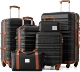 LONG VACATION Luggage Sets 4 Piece Luggage with ABS+PC Hardshell, Spinner Wheels & YKK Zipper TSA Lock for Travel Esssentials (Black-Brown, 6 Piece Set)