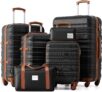 LONG VACATION Luggage Sets 4 Piece Luggage with ABS+PC Hardshell, Spinner Wheels & YKK Zipper TSA Lock for Travel Esssentials (Black-Brown, 6 Piece Set)